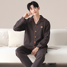 批发男士纯棉睡衣春秋季长袖长裤纯色翻领开衫大码休闲宽松家居服套装