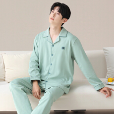 批发男士纯棉睡衣春秋季长袖长裤纯色翻领开衫大码休闲宽松家居服套装