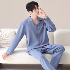 批发男士纯棉睡衣春秋季长袖长裤纯色翻领开衫大码休闲宽松家居服套装