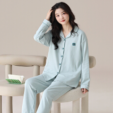 批发春秋季睡衣女纯棉新款长袖长裤翻领开衫纯色休闲家居服可外穿套装