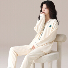 批发春秋季睡衣女纯棉新款长袖长裤翻领开衫纯色休闲家居服可外穿套装