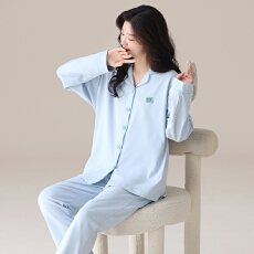 批发春秋季睡衣女纯棉新款长袖长裤翻领开衫纯色休闲家居服可外穿套装