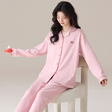 批发春秋季睡衣女纯棉新款长袖长裤翻领开衫纯色休闲家居服可外穿套装