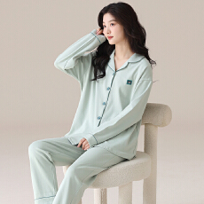 批发春秋季睡衣女纯棉新款长袖长裤翻领开衫纯色休闲家居服可外穿套装