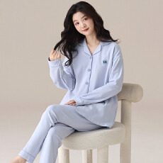批发春秋季睡衣女纯棉新款长袖长裤翻领开衫纯色休闲家居服可外穿套装