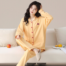 批发春秋季睡衣女纯棉新款长袖长裤翻领开衫纯色休闲家居服可外穿套装