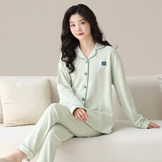 批发春秋季睡衣女纯棉新款长袖长裤翻领开衫纯色休闲家居服可外穿套装