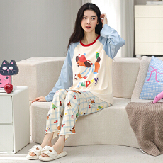 批发春秋季睡衣女纯棉圆领长袖长裤新款卡通大码可外休闲穿家居服套装