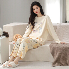 批发春秋季睡衣女纯棉圆领长袖长裤新款卡通大码可外休闲穿家居服套装