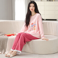 批发春秋季睡衣女纯棉圆领长袖长裤新款卡通大码可外休闲穿家居服套装