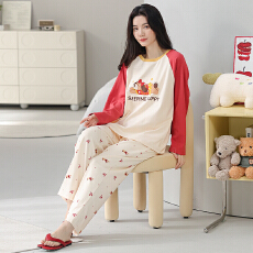 批发春秋季睡衣女纯棉圆领长袖长裤新款卡通大码可外休闲穿家居服套装