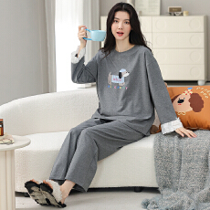 批发春秋季睡衣女纯棉圆领长袖长裤新款卡通大码可外休闲穿家居服套装
