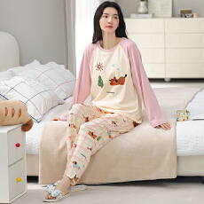 批发春秋季睡衣女纯棉圆领长袖长裤新款卡通大码可外休闲穿家居服套装