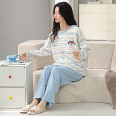 批发春秋季睡衣女纯棉圆领长袖长裤新款卡通大码可外休闲穿家居服套装
