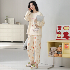 批发春秋季睡衣女纯棉圆领长袖长裤新款卡通大码可外休闲穿家居服套装