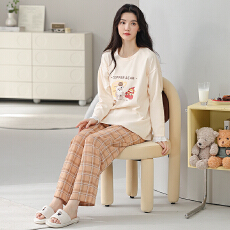 批发春秋季睡衣女纯棉圆领长袖长裤新款卡通大码可外休闲穿家居服套装