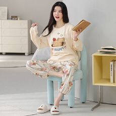 批发春秋季<b class='q'>睡衣</b>女<b class='q'>纯棉</b>圆领长袖长裤新款卡通大码可外休闲穿家居服套装