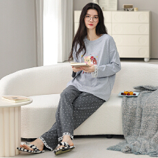 批发春秋季<b class='q'>睡衣</b>女<b class='q'>纯棉</b>圆领长袖长裤新款卡通大码可外休闲穿家居服套装