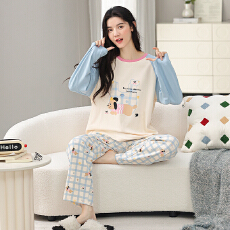 批发春秋季<b class='q'>睡衣</b>女<b class='q'>纯棉</b>圆领长袖长裤新款卡通大码可外休闲穿家居服套装