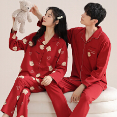 批发情侣睡衣女纯棉拉架翻领长袖长裤新年喜庆结婚新婚男士家居服套装