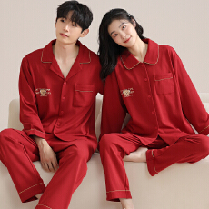批发情侣睡衣女纯棉拉架翻领长袖长裤新年喜庆结婚新婚男士家居服套装