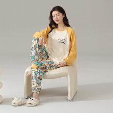 批发<b class='q'>睡衣</b>女纯棉圆领长袖长裤春秋季新款卡通大码可外休闲穿家居服套装