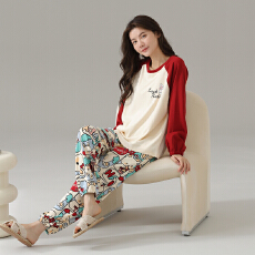 批发<b class='q'>睡衣</b>女纯棉圆领长袖长裤春秋季新款卡通大码可外休闲穿家居服套装