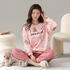 批发<b class='q'>睡衣</b>女纯棉圆领长袖长裤春秋季新款卡通大码可外休闲穿家居服套装