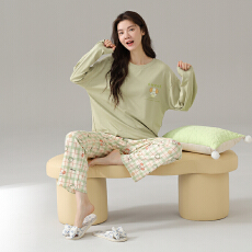 批发<b class='q'>睡衣</b>女纯棉圆领长袖长裤春秋季新款卡通大码可外休闲穿家居服套装