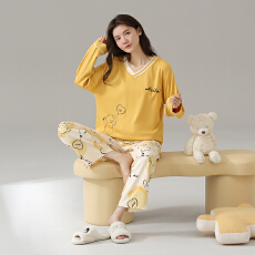 批发<b class='q'>睡衣</b>女纯棉圆领长袖长裤春秋季新款卡通大码可外休闲穿家居服套装