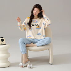 批发<b class='q'>睡衣</b>女纯棉圆领长袖长裤春秋季新款卡通大码可外休闲穿家居服套装