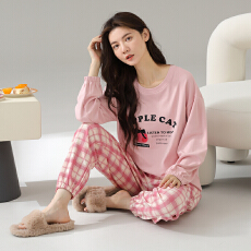 批发<b class='q'>睡衣</b>女纯棉圆领长袖长裤春秋季新款卡通大码可外休闲穿家居服套装