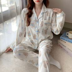 批发春季睡衣女云朵棉长袖长裤开衫星星<b class='q'>小熊</b>卡通可爱少女家居服套装