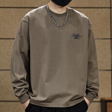 重磅纯棉宽松长袖T恤男潮流内搭圆领打底衫简约美式印花衣服