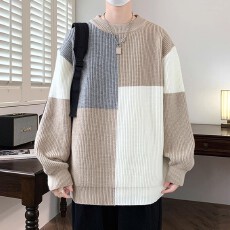 毛衣男款秋冬季宽松加厚撞色拼接针织衫慵懒风保暖内搭休闲上衣服