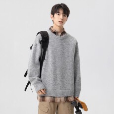 简约风假两件衬衫领针织衫男士秋冬季2025新款宽松毛衣休闲上衣服