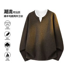 批发美式复古亨利领卫衣<b class='q'>男</b>秋冬季假两件内搭打底<b class='q'>针织衫</b>