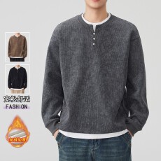 批发假两件加绒加厚卫衣男<b class='q'>秋</b>冬季2025新款亨利领保暖打底衫宽松上衣服