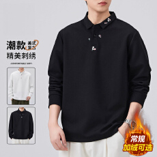 批发美式复古重磅长袖POLO衫男<b class='q'>秋</b>冬款宽松翻领黑色刺绣休闲上衣