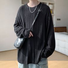 批发老钱风纹理感长袖T恤男春<b class='q'>秋</b>潮牌美式圆领衣服宽松内搭打底衫