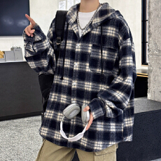 批发撞色格子连帽外套男秋季磨毛复古oversize宽松休闲衬衣服