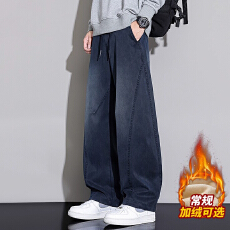 2025秋冬新款弯刀牛仔裤男士加绒加厚宽松直筒美式潮牌休闲长裤子