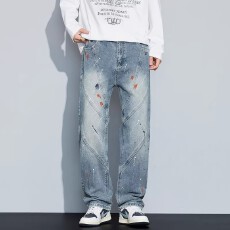美式高街个性泼墨做旧水洗牛仔裤男潮宽松直筒显瘦中腰牛仔长裤潮
