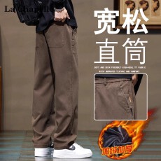 批发2025冬季新款美式休闲裤男士宽松直筒加绒加厚青年长裤子