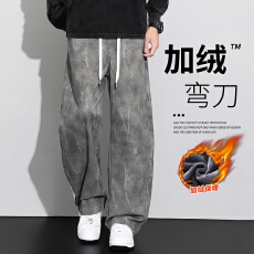 批发纯棉工装裤男士秋冬款2025新款宽松直筒冬季加绒加厚弯刀休闲裤子