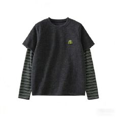 原版面料220克纯棉大码假两件条纹T恤女秋季胖mm宽松遮肚打