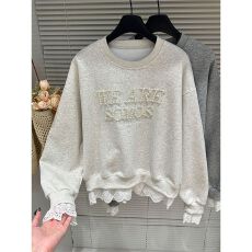 批发 原版面料纯棉华棉复合圆领卫衣女秋冬加绒珍珠字母宽松显瘦