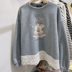 批发 原版面料纯棉华棉复合秋冬宽松圆领卫衣刺绣蕾丝花边胖mm大