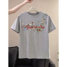 批发广州面料水柔棉爆款灰色<b class='q'>大码</b>女装时尚洋气胖mm宽松遮肚上衣