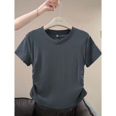 92%棉8%氨纶设计感简约百搭V领短袖T恤女装夏季胖mm大码上衣